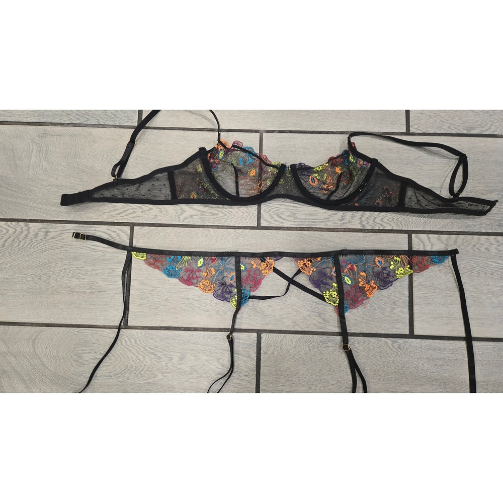 Neon Floral Embroidered Mesh Bra and Garter Belt Lingerie Set Black Underwire - Picture 5 of 5